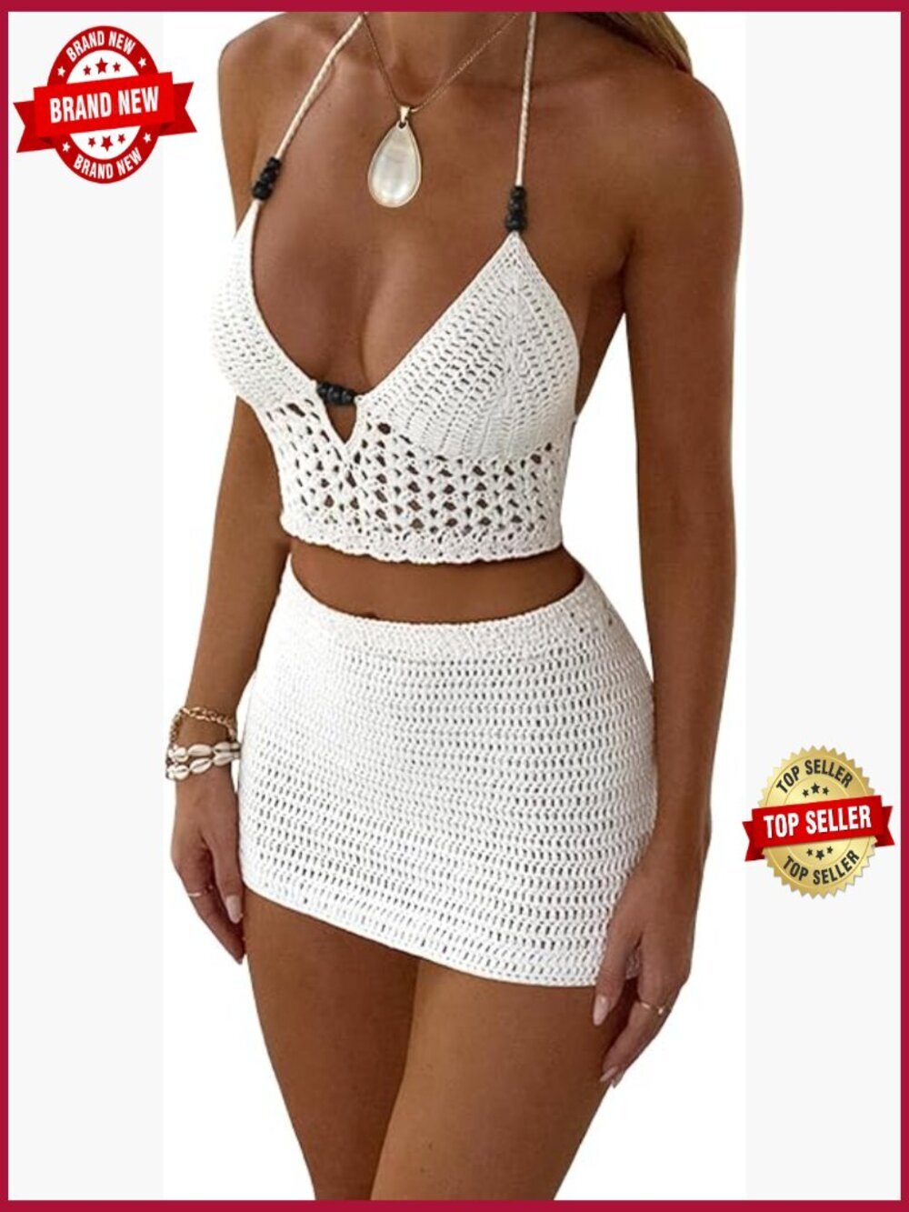 Women 2 Piece Skirt Set Summer Halter Knit Crochet Crop Top and Mini Skirt